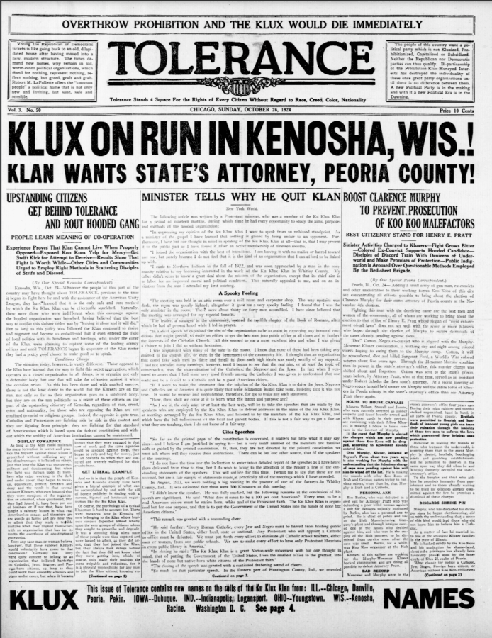 Front page of Tolerance newspaper dated October 26, 1924, with the bold headline “KLUX ON RUN IN KENOSHA, WIS.!” and subheadings denouncing the Ku Klux Klan.